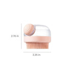 Dimensions of the pink silicone shampoo dispensing bath brush for cats and dogs, measuring 3.35 in wide and 2.76 in high.
