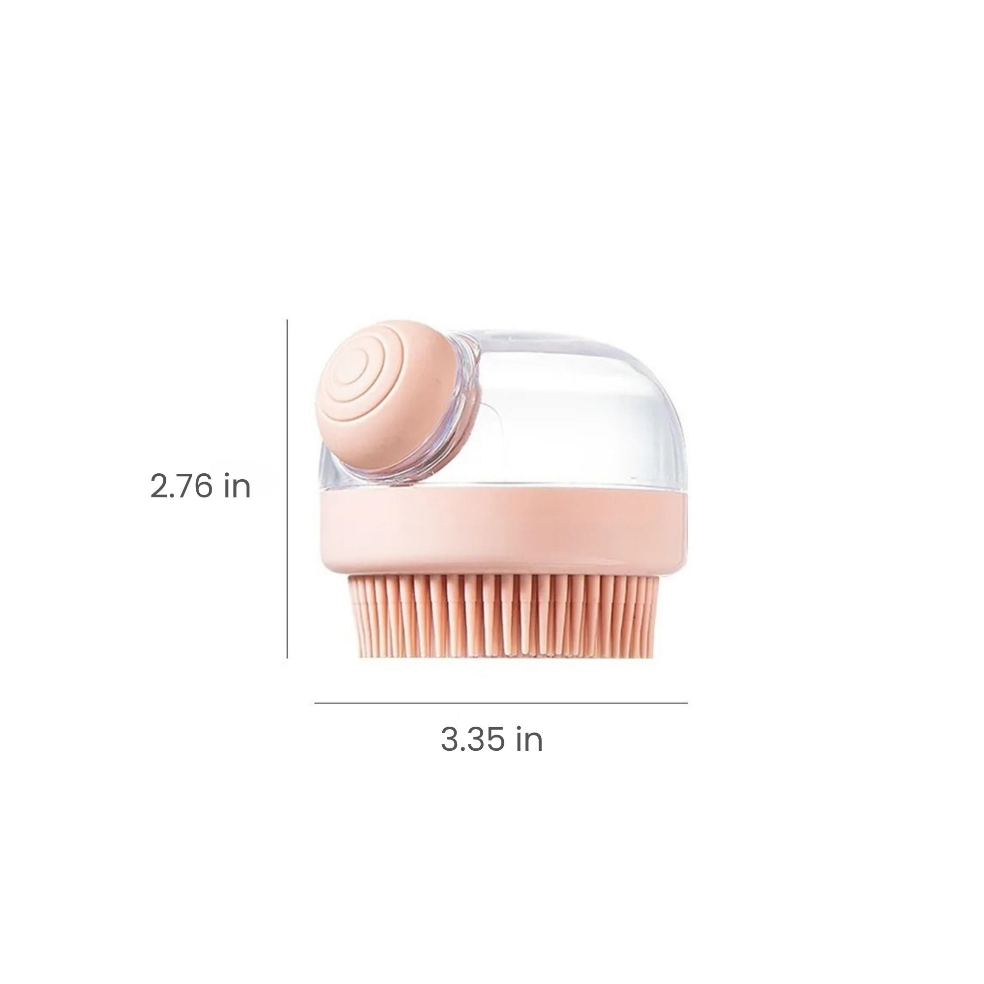 Dimensions of the pink silicone shampoo dispensing bath brush for cats and dogs, measuring 3.35 in wide and 2.76 in high.