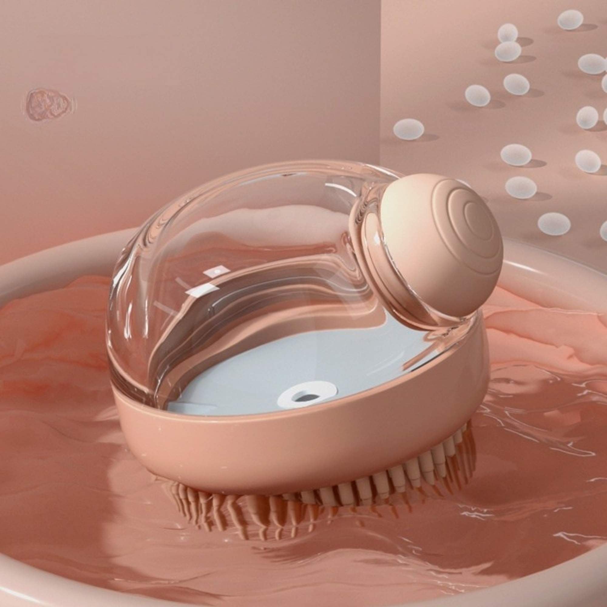 Pink silicone cat and dog bath brush with built-in shampoo dispenser.