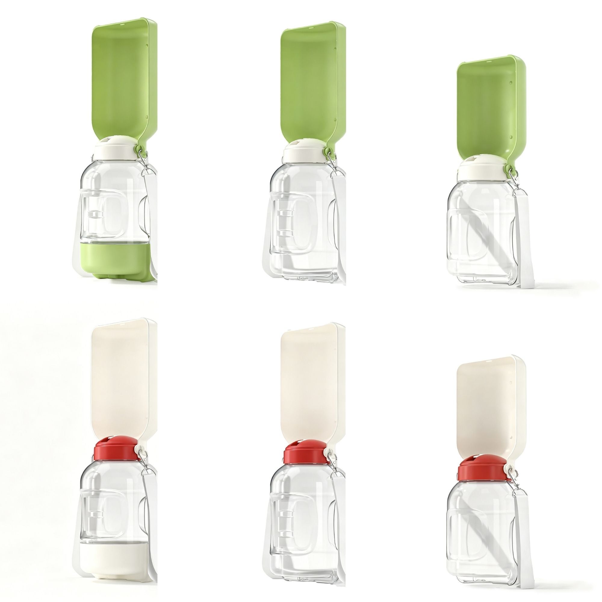 Capacity comparison of portable dog and cat water bottle showing 950 mL, 1100 mL with 160 g food storage, and 1500 mL capacity options.