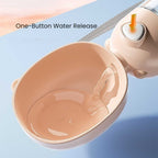 Portable dog and cat water bottle with one-button water release.