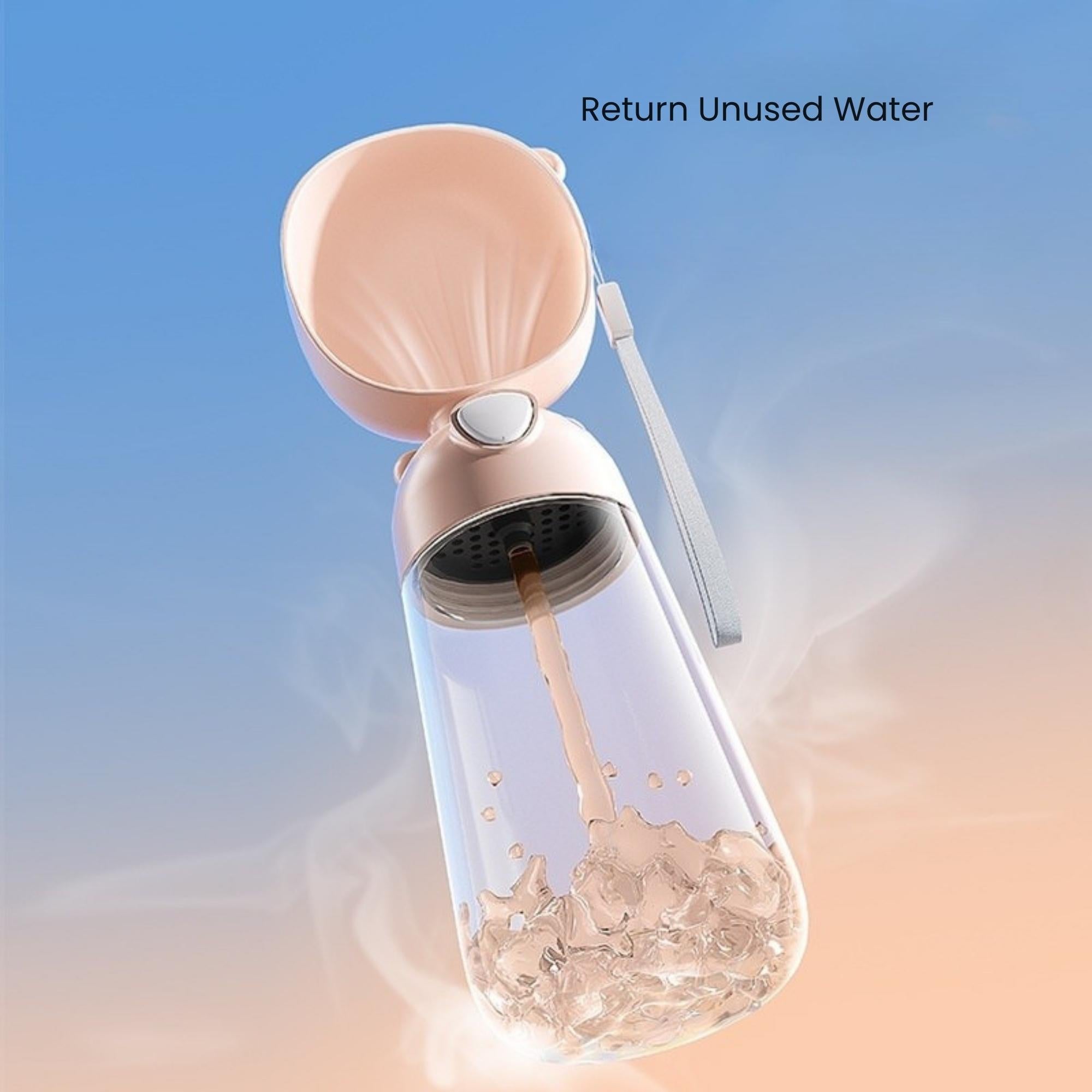 Portable dog and cat water bottle with one-button water return function.