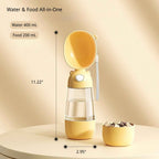 2-in-1 portable dog and cat water bottle with 400 mL water and 200 mL food container dimensions.