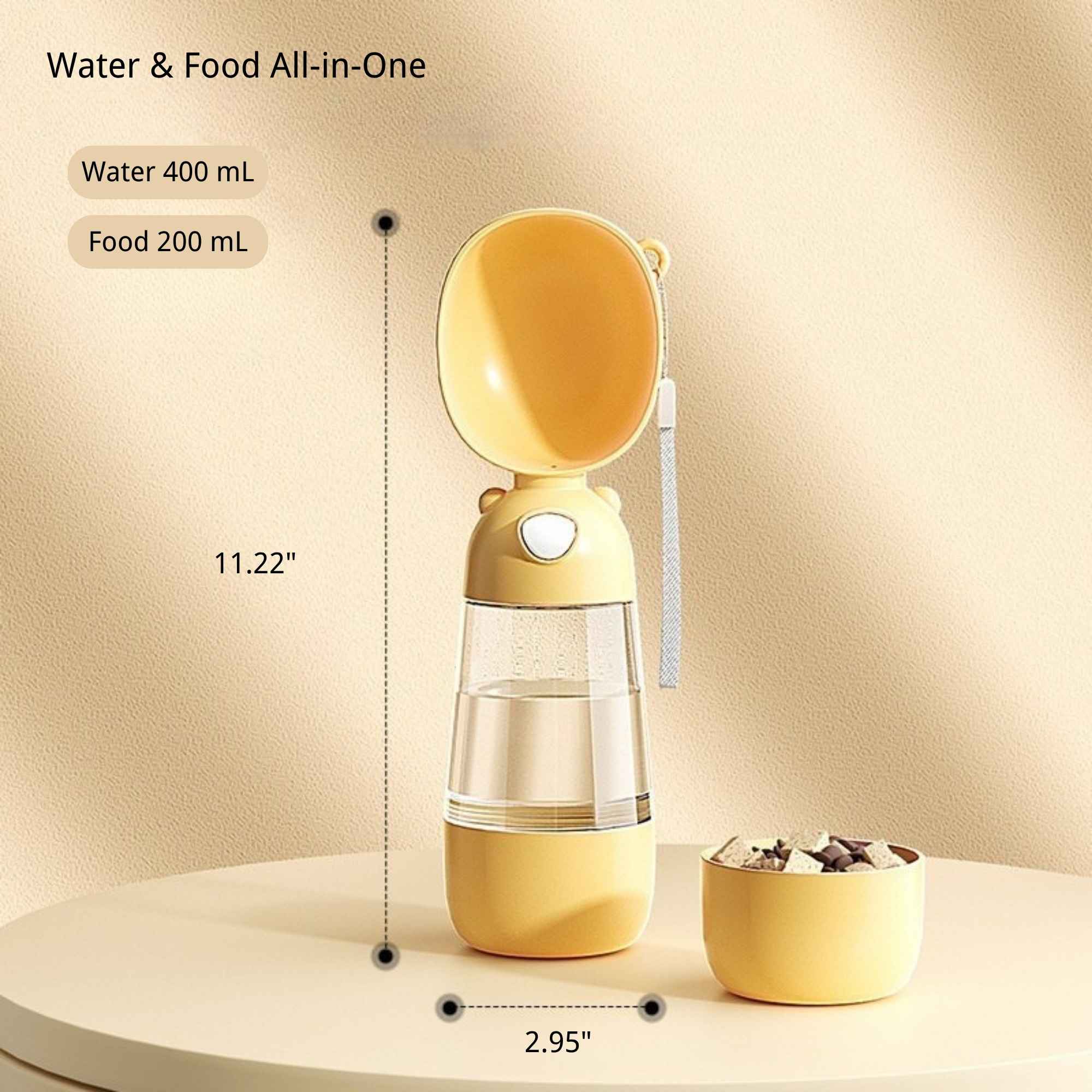 2-in-1 portable dog and cat water bottle with 400 mL water and 200 mL food container dimensions.