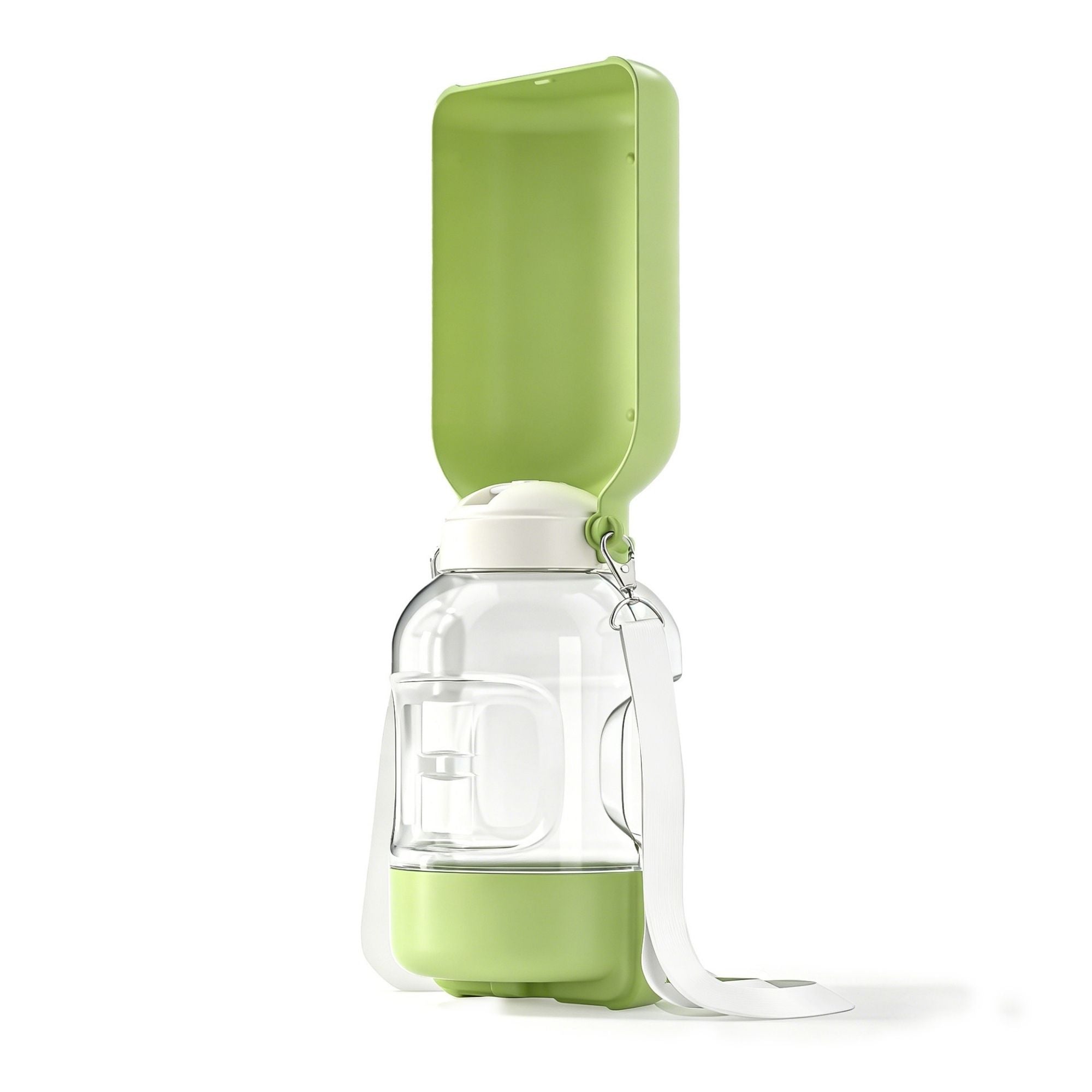 Green portable dog and cat water and food bottle with adjustable shoulder strap.