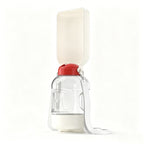 White portable dog and cat water and food bottle with adjustable shoulder strap.
