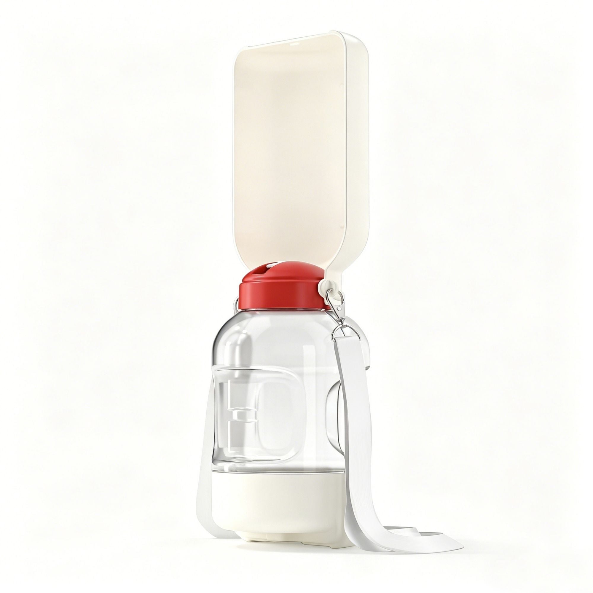 White portable dog and cat water and food bottle with adjustable shoulder strap.