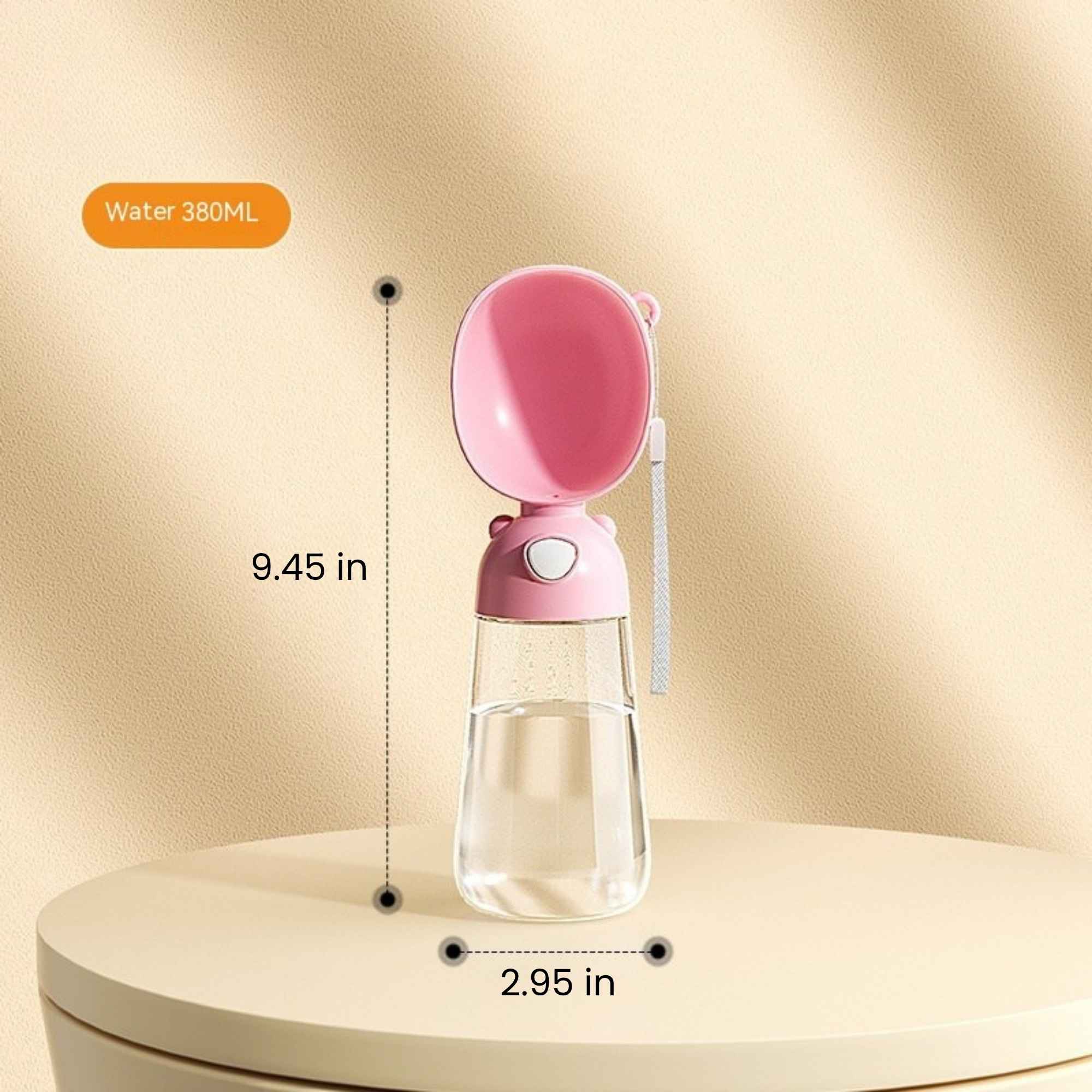 Pink 380 mL portable dog and cat water bottle with compact size dimensions.