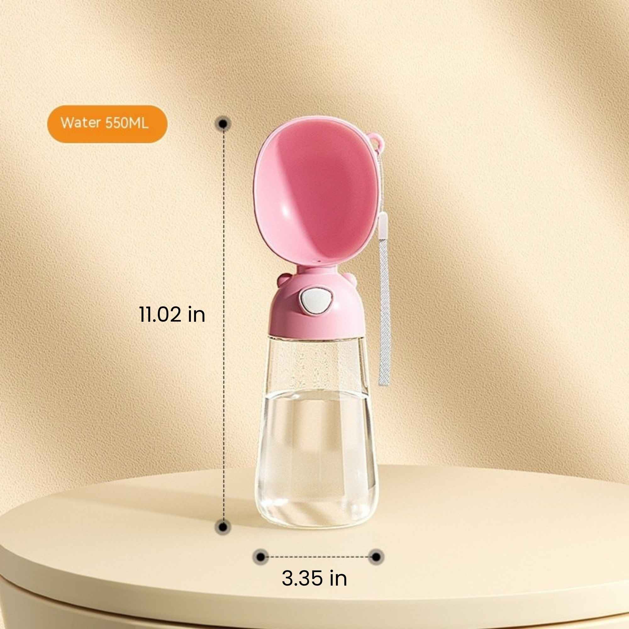 Pink 550 mL portable dog and cat water bottle with large capacity dimensions.