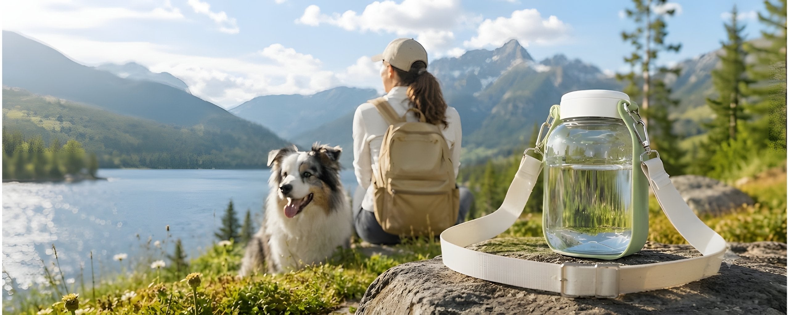Portable pet water bottle with shoulder strap beside a dog and owner enjoying a mountain lake during an outdoor hike.