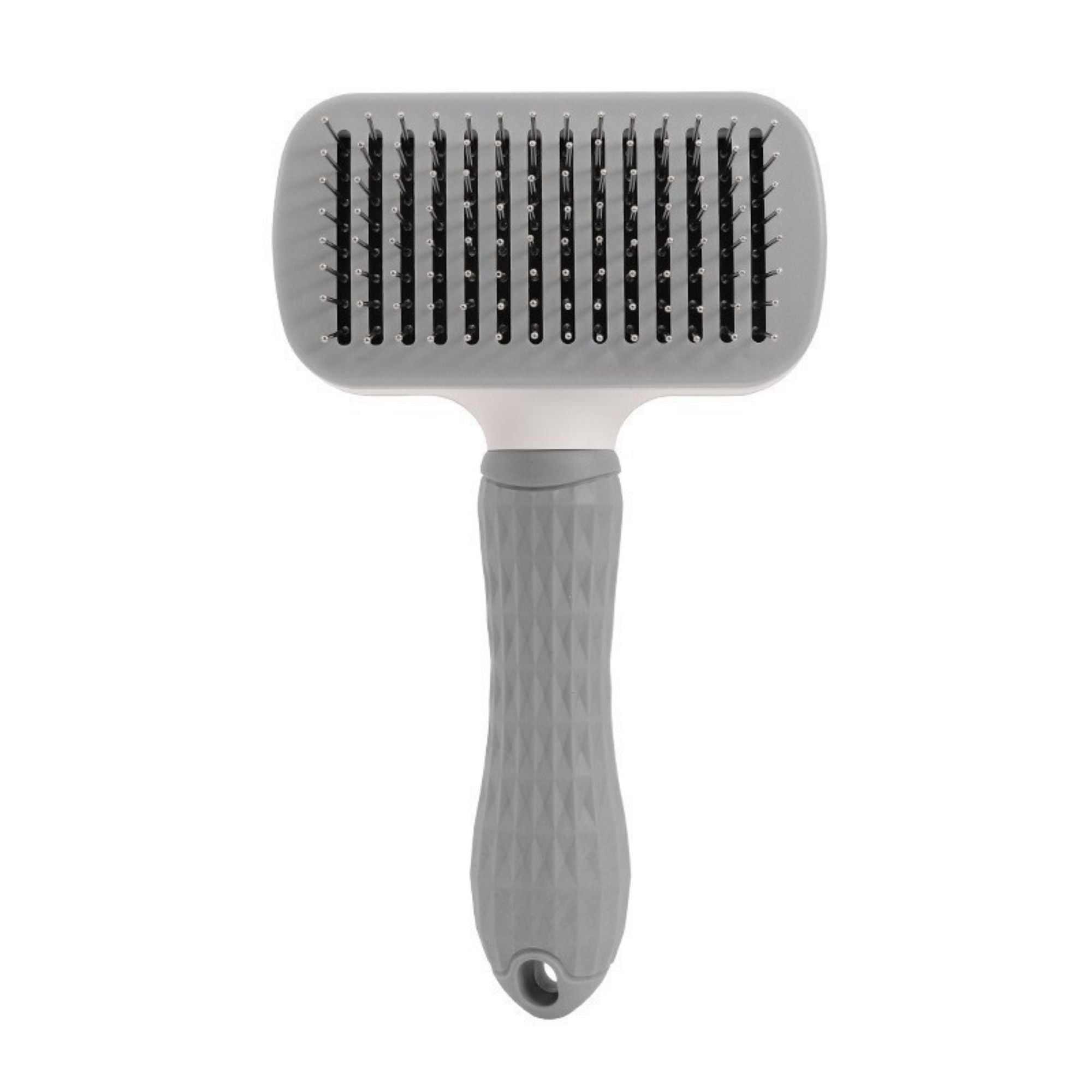 Gray rectangular pet slicker brush with thick stainless steel pins for removing loose fur and grooming dogs and cats.