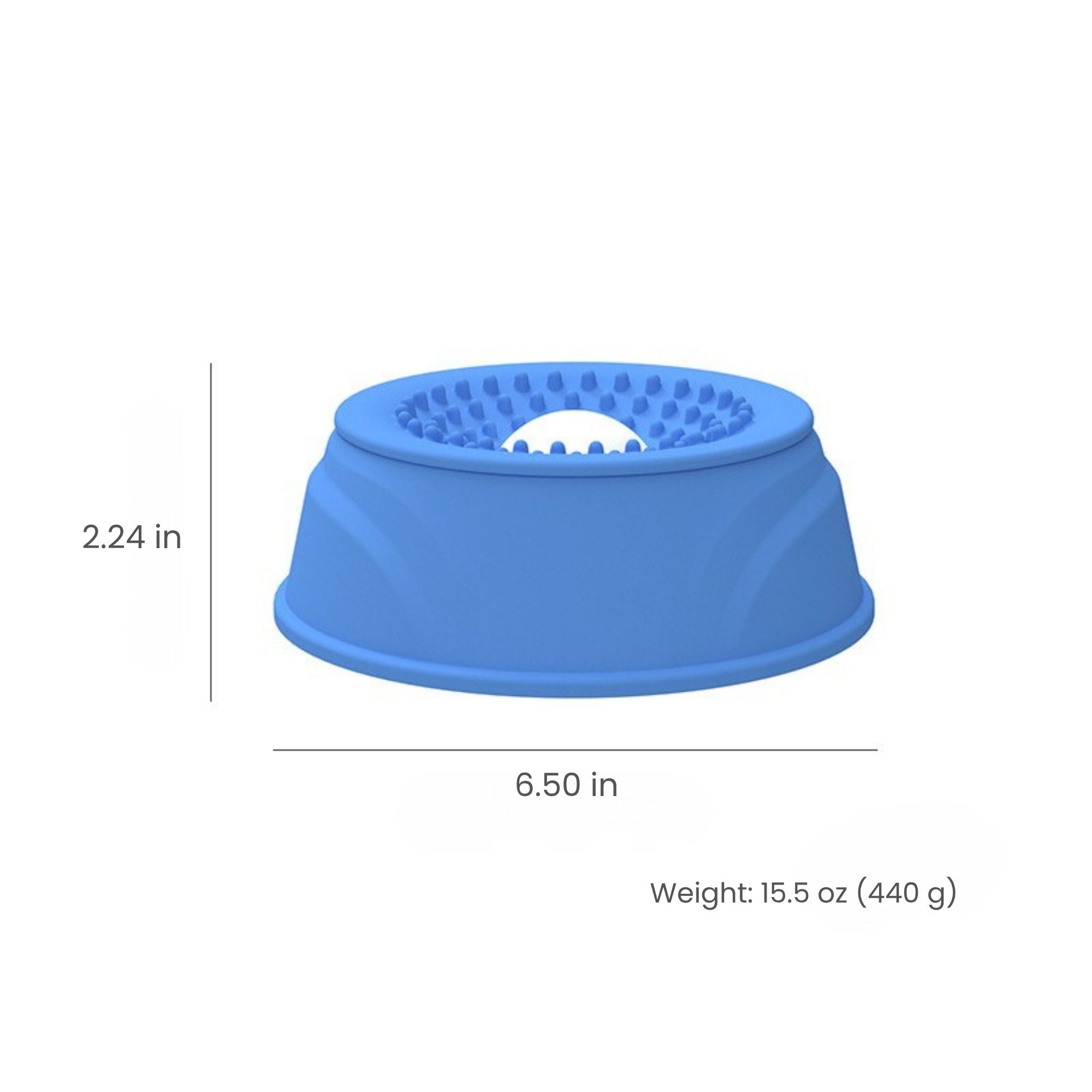 Silicone slow feeder bowl size guide for dogs and cats showing a 6.5-inch diameter, 2.24-inch height, and 15.5 oz (440 g) weight.