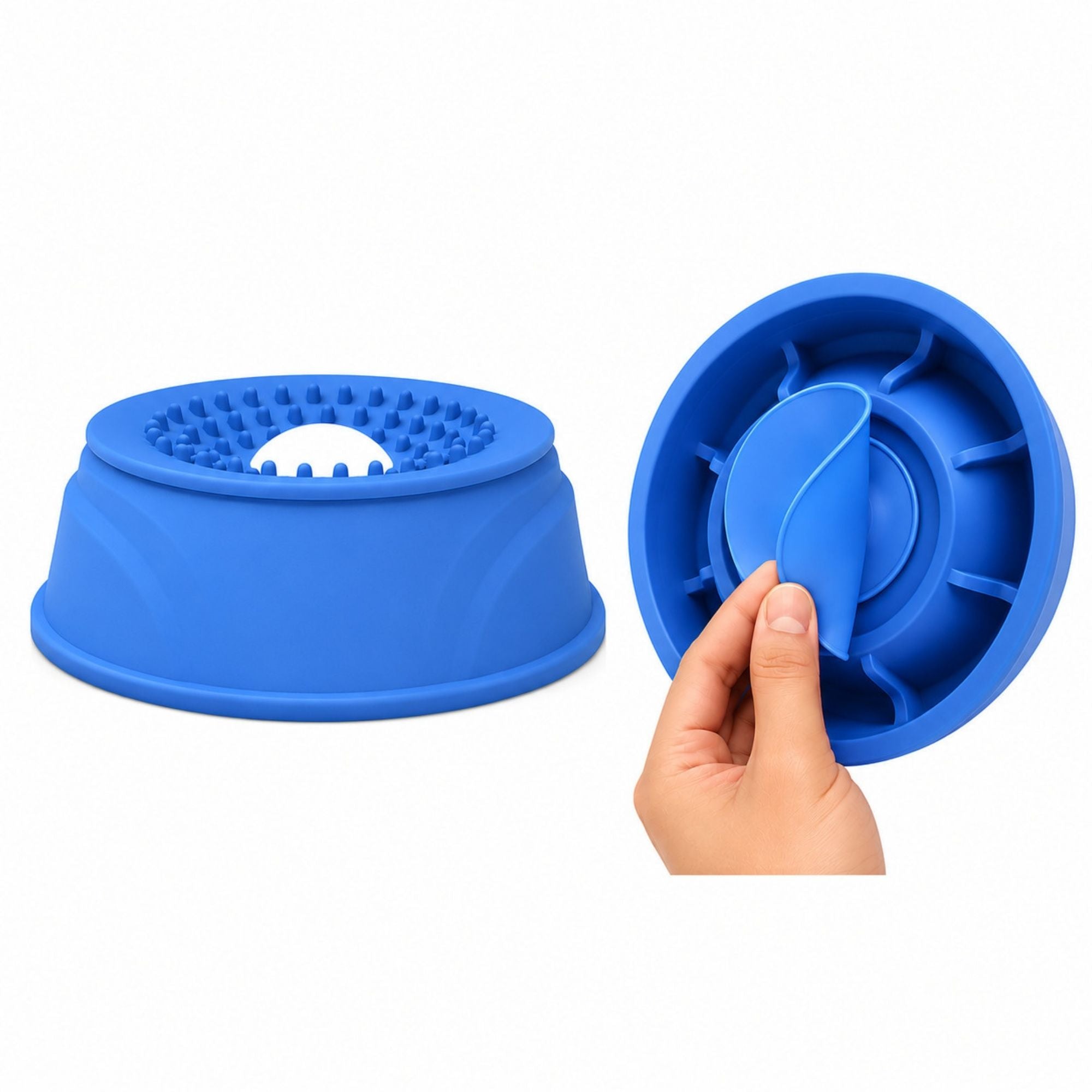 Silicone slow feeder bowl for dogs and cats featuring a strong suction base to help prevent sliding during mealtime.
