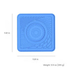 Silicone square lick mat size guide for dogs and cats showing 11.81 × 11.81 inches and a weight of 12.9 oz (365 g).
