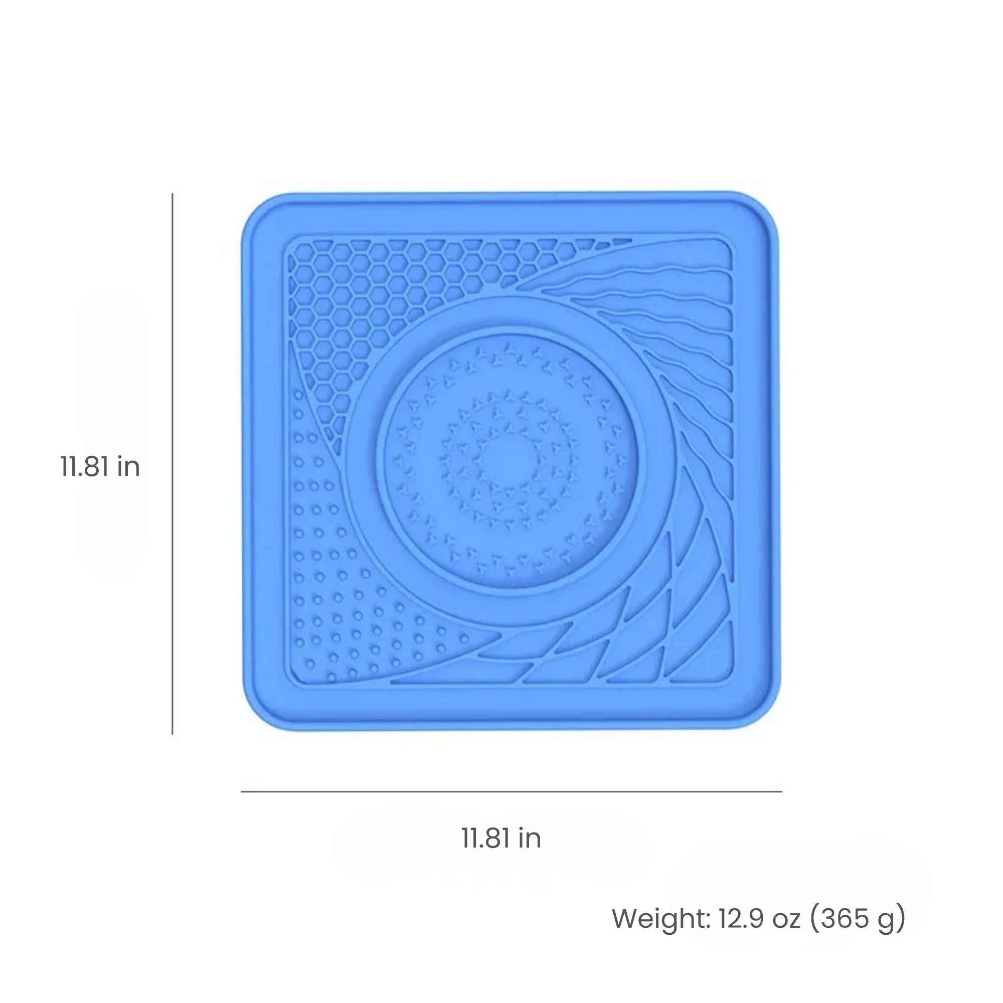 Silicone square lick mat size guide for dogs and cats showing 11.81 × 11.81 inches and a weight of 12.9 oz (365 g).