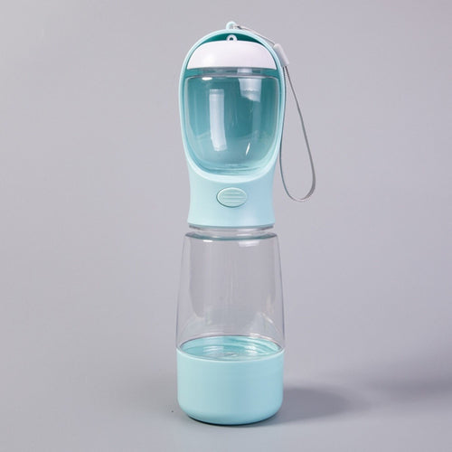 Sky Blue 3-in-1 portable dog & cat travel bottle with food container, water bottle and built-in drinking bowl.