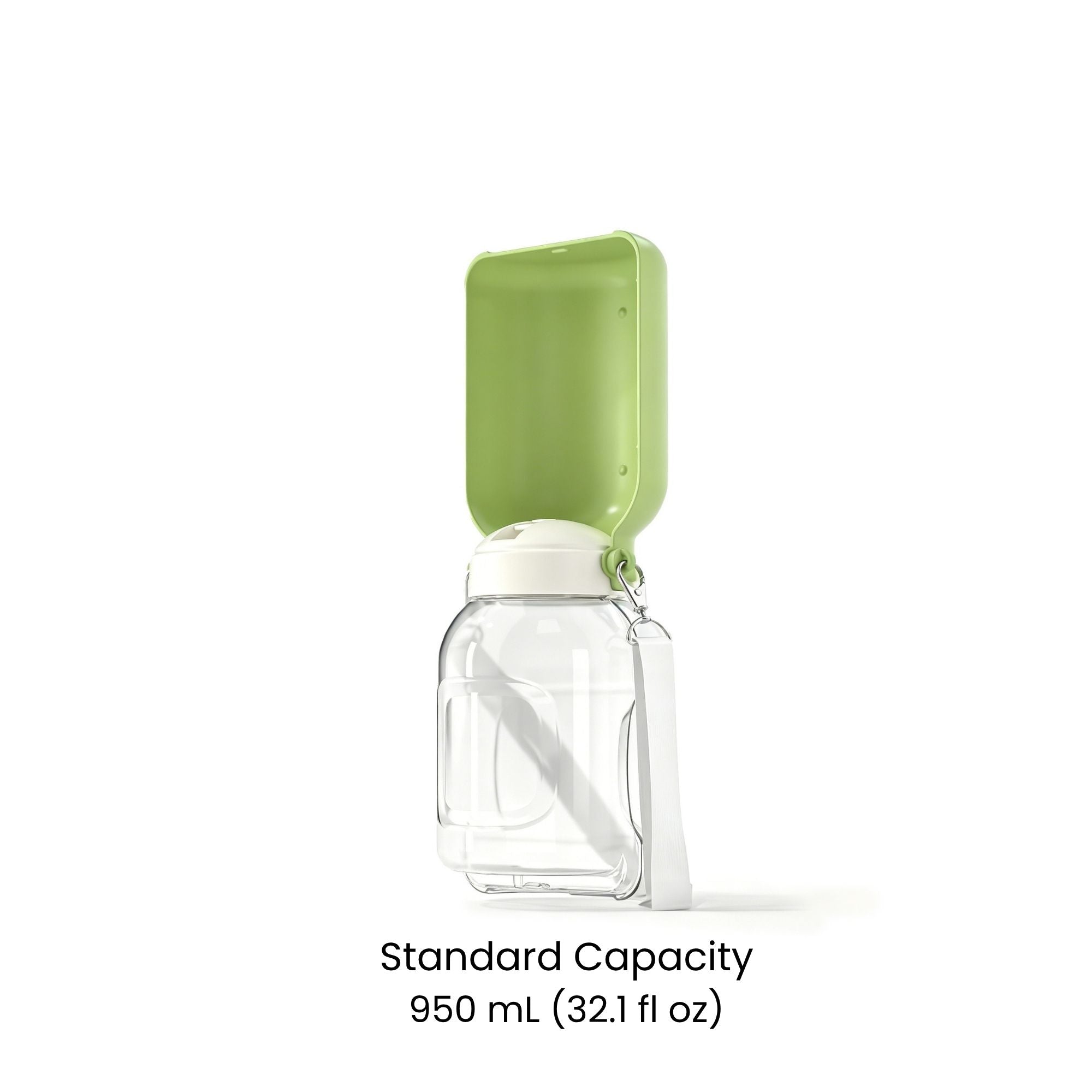 Standard capacity portable pet water and food bottle with 950 mL (32.1 fl oz) capacity.