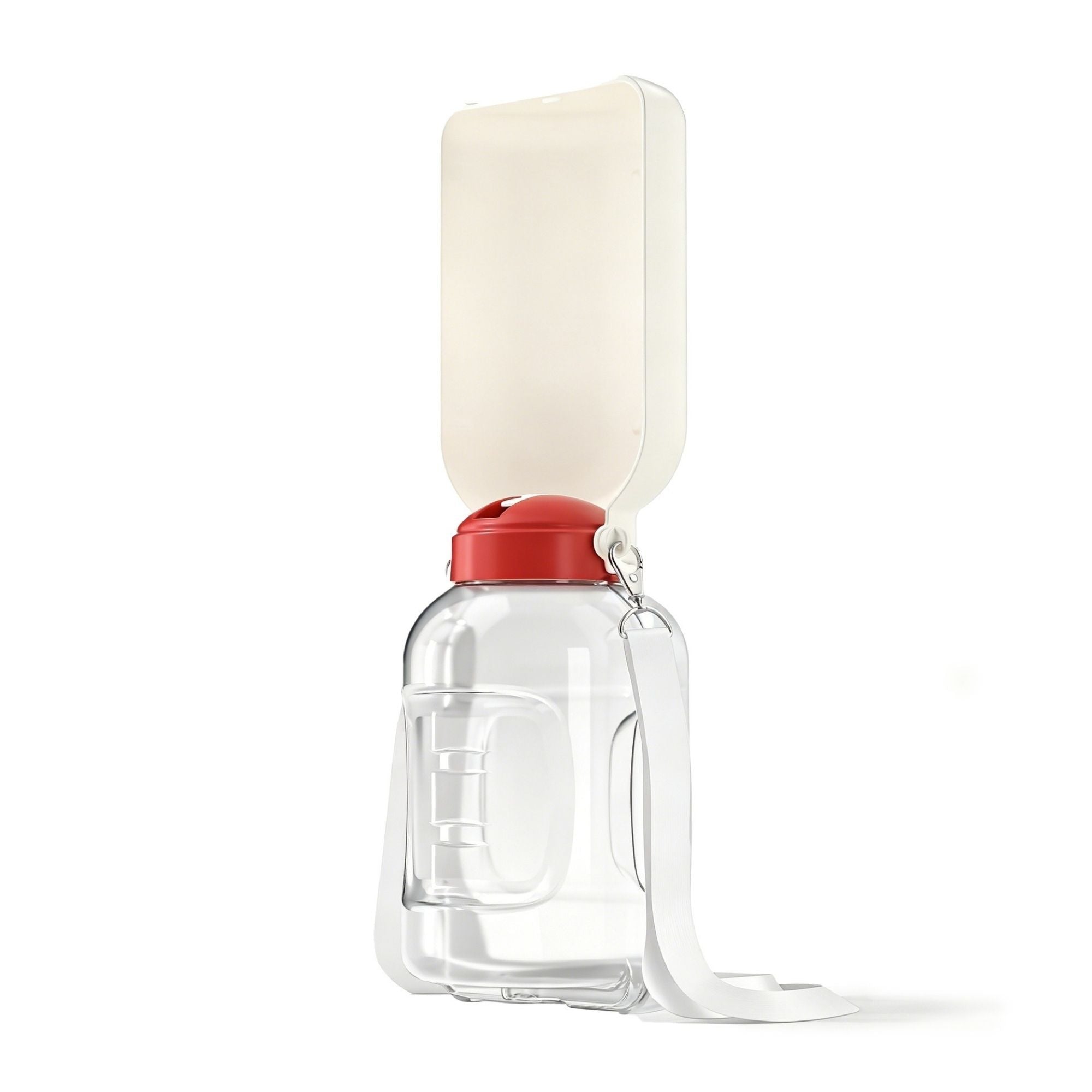White 1500ml portable pet water bottle with built-in drinking bowl, shown open.