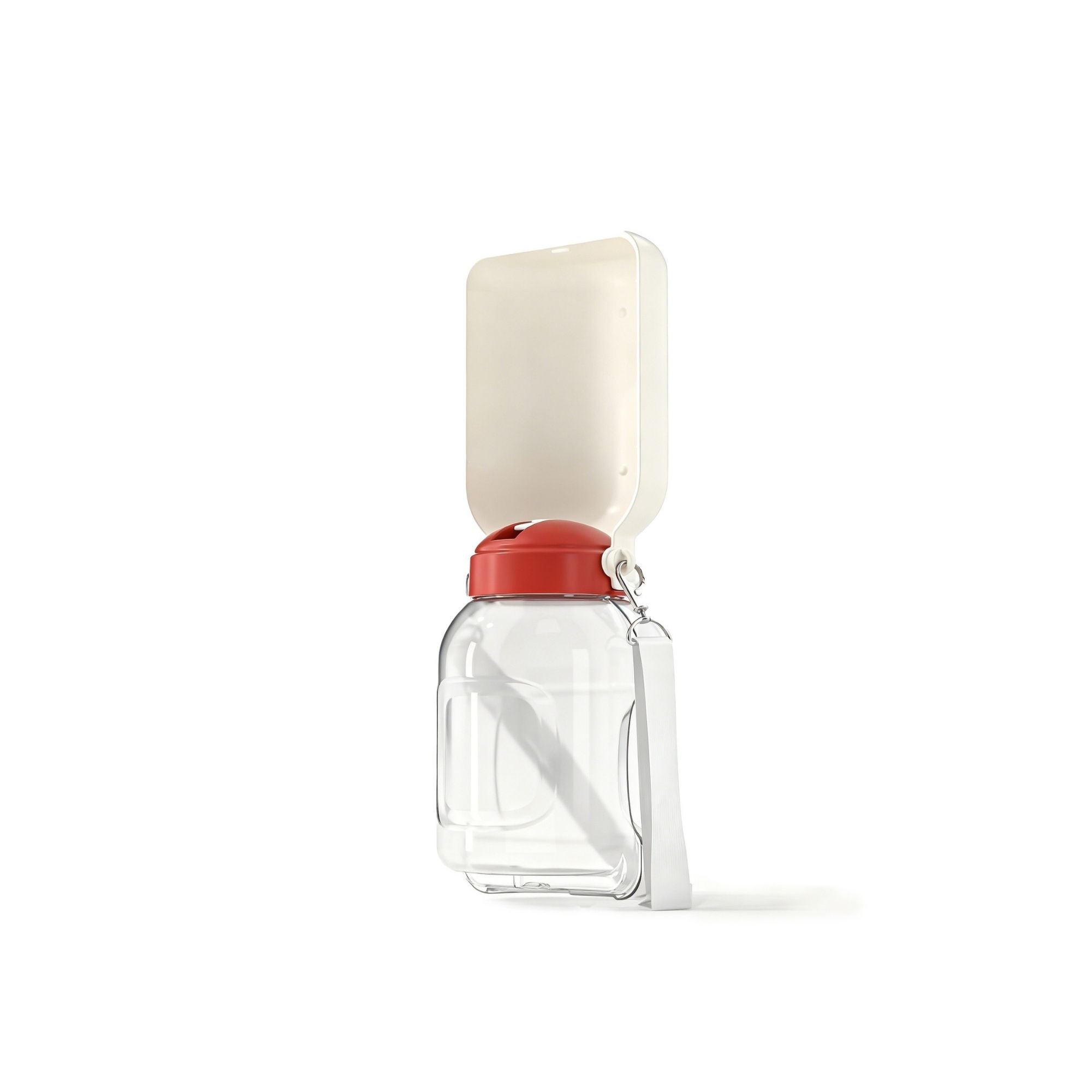 White 950ml portable pet water bottle with open drinking bowl and carry strap.